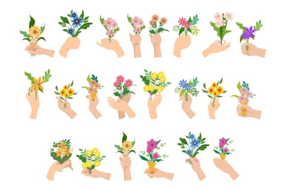 Bouquets of Flowers in Hands Graphics and Illustrations