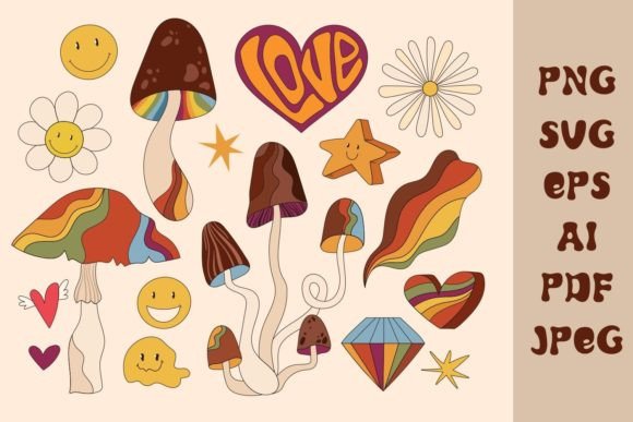 Groovy Retro Mushroom, Flowers SVG PNG – A Playful Graphic Kit for Digital Sellers