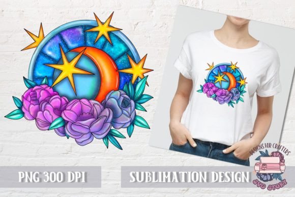Moon and Stars with Flowers Celestial Suitability