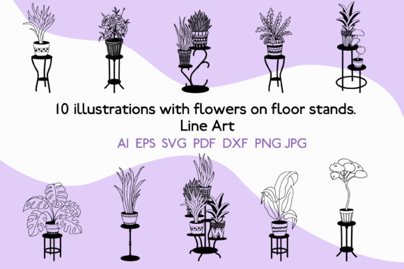 Potted Flowers on a Stand. Line Art