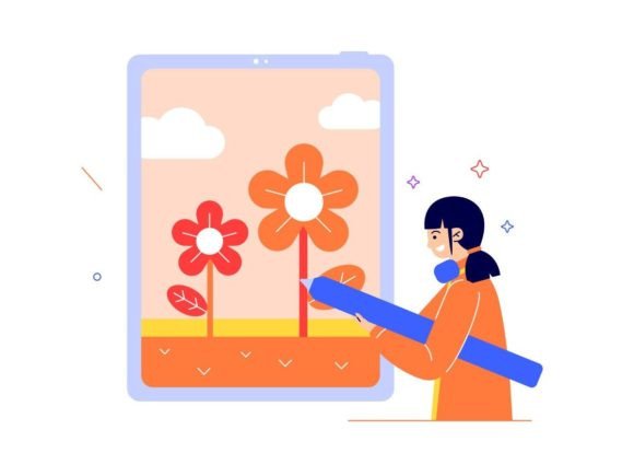 Smiling Woman Painting Flowers – A Versatile Graphic Design Asset for Modern Branding