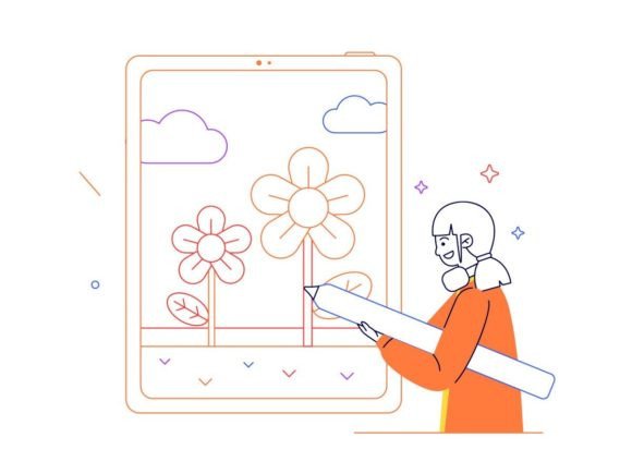 Woman Painting Flowers: A Cheerful Graphic Design Asset for Modern Illustrations